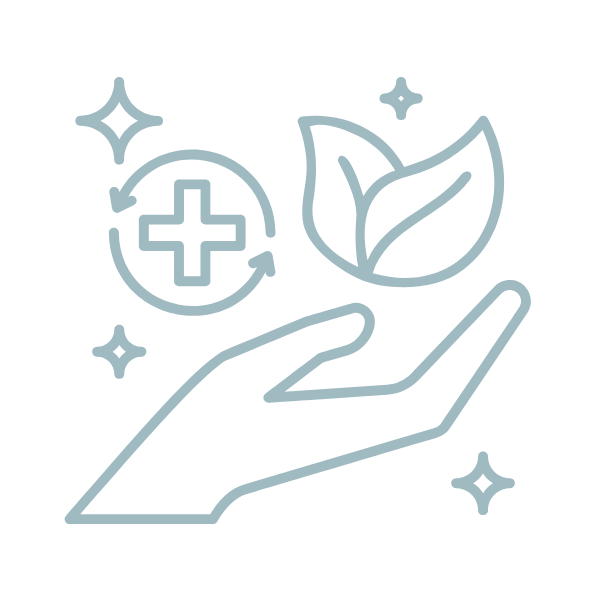 Line drawing of a hand holding two leaves, a plus sign inside a circle, and sparkles, symbolizing health, nature, and wellness.