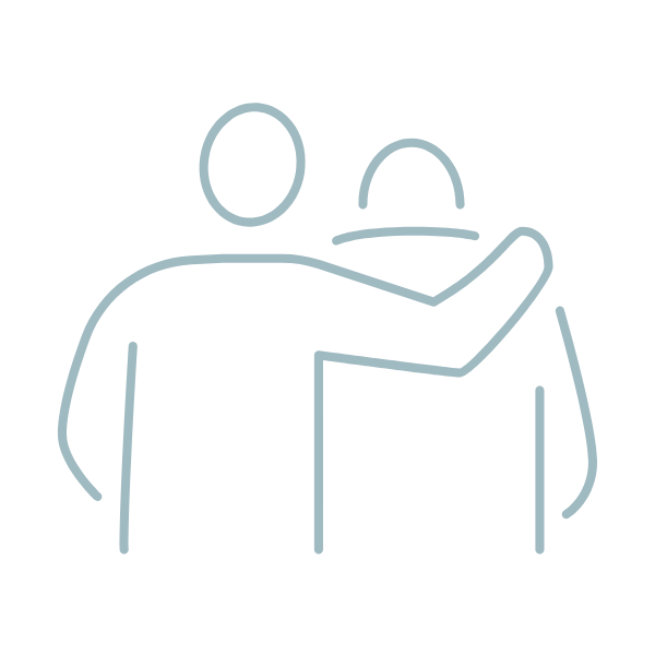 Outline drawing of two people with one person's arm around the other's shoulder, conveying friendship or support.