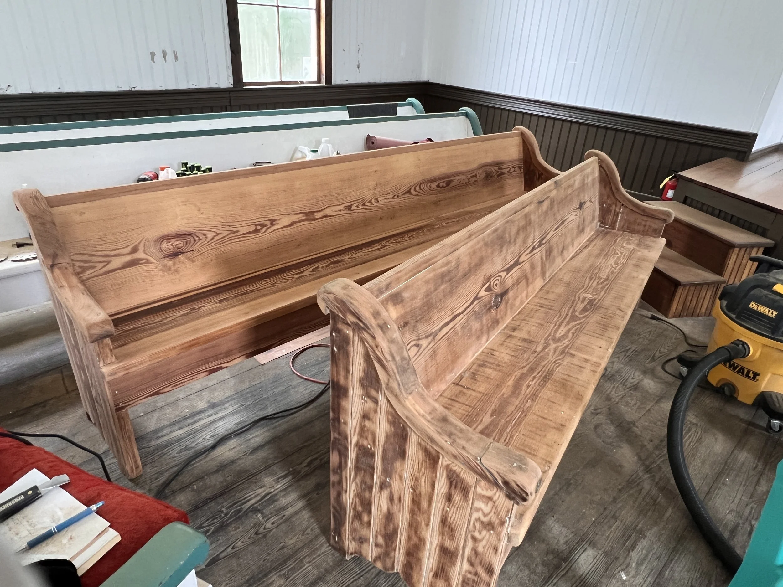 Second pew rough sanded back from Autryville