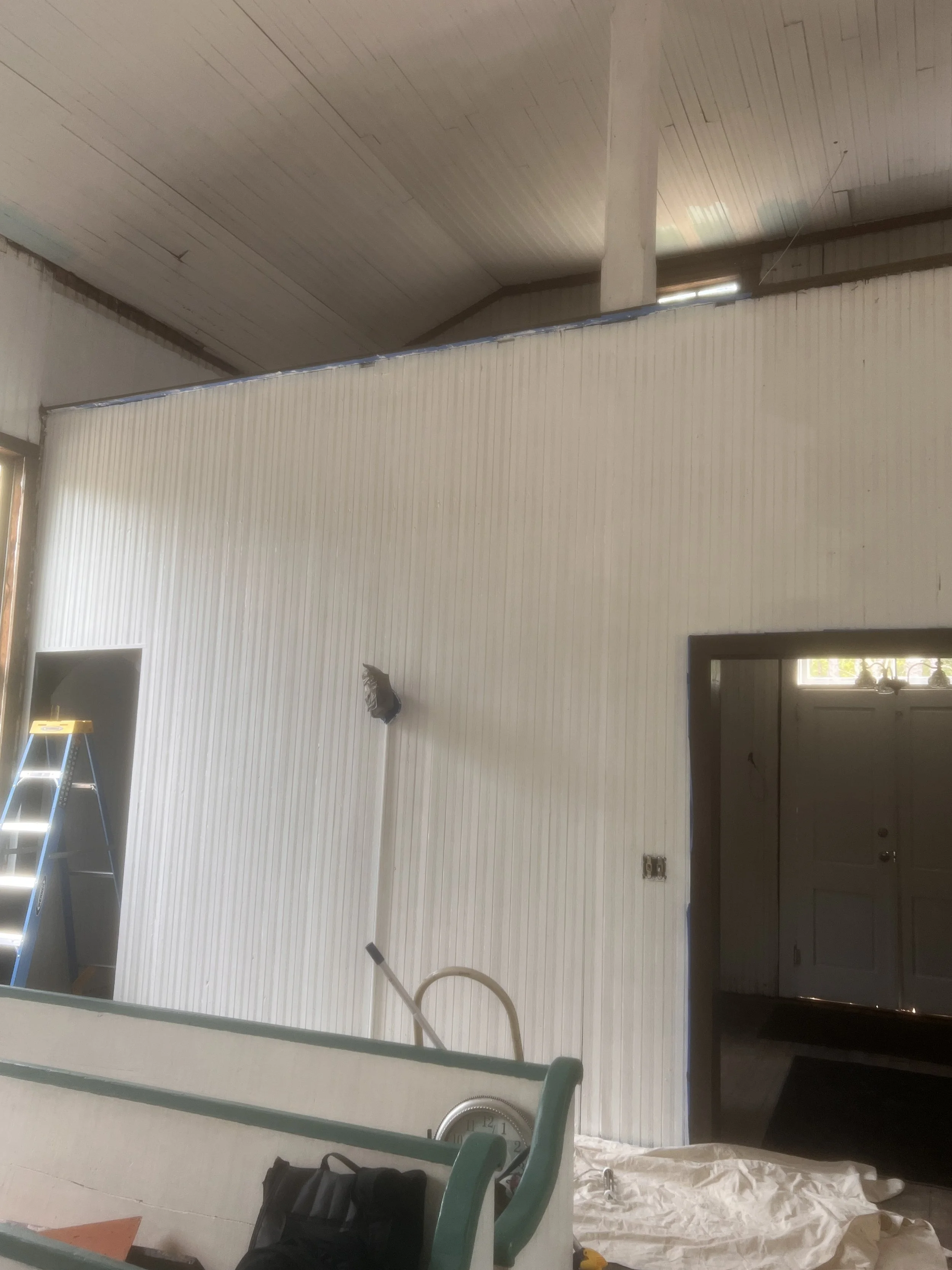 Back wall of sanctuary restoration in process