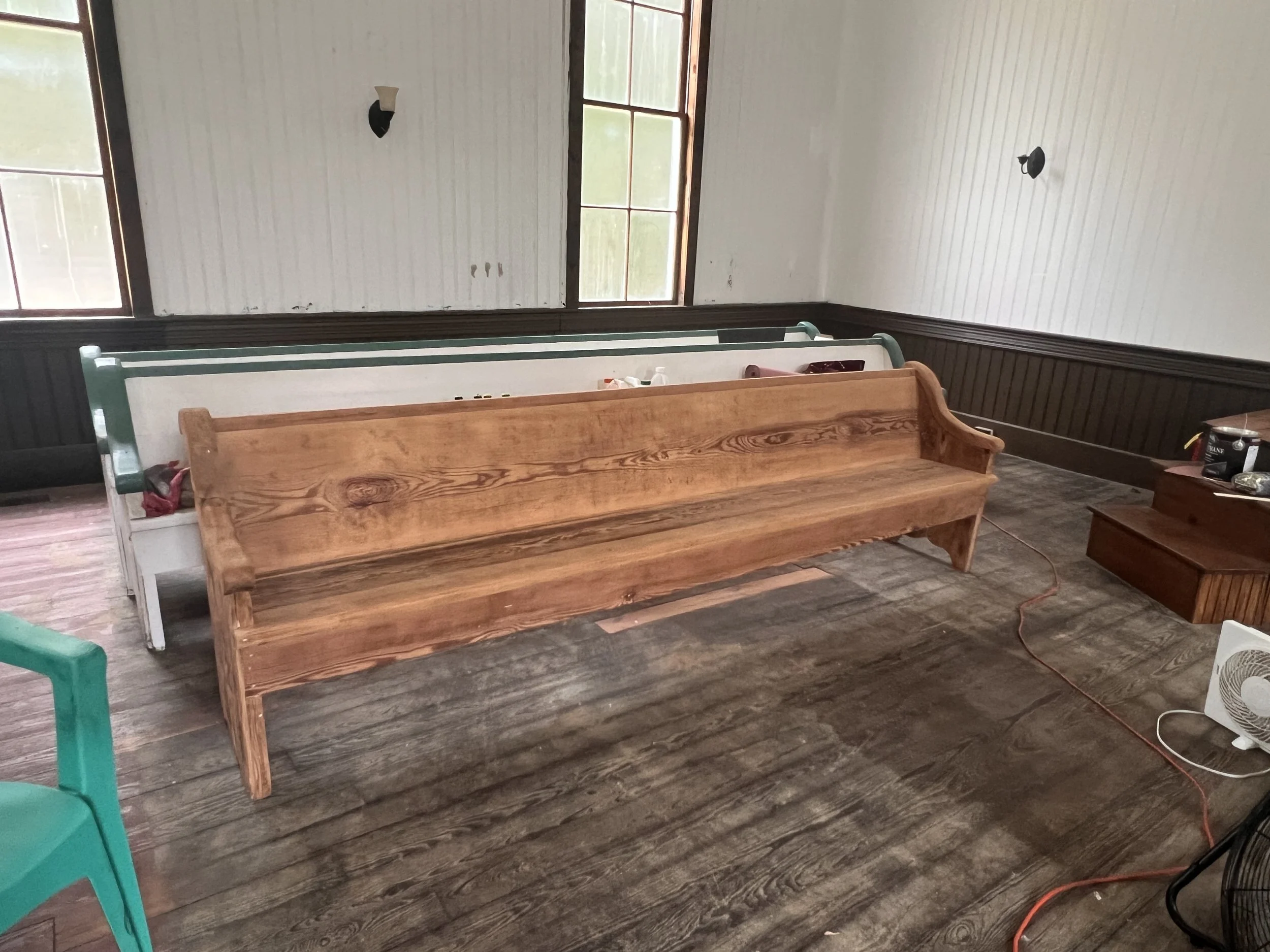 Original heartpine pew with paint removed