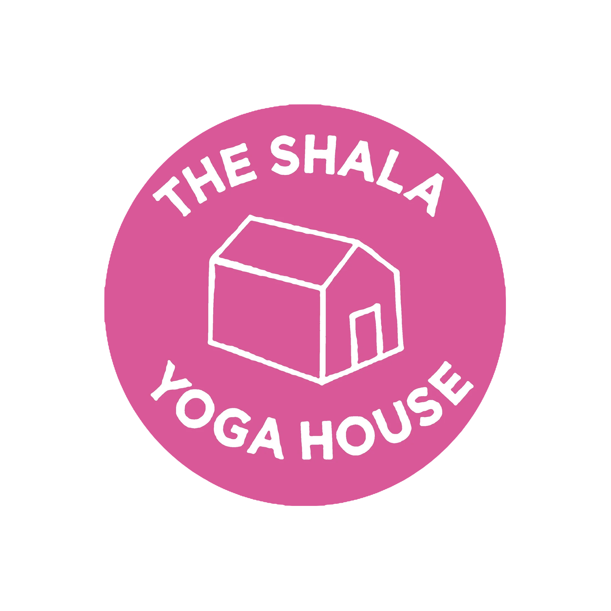 Pink logo with a simple line drawing of a yoga house, accompanied by the text 'The Shala Yoga House' in a circular arrangement.