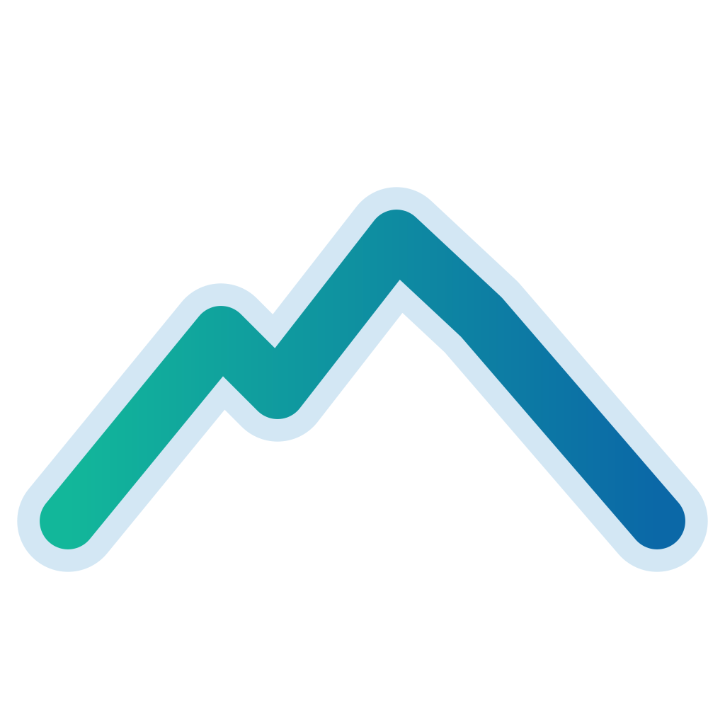 Stylized line graph with three peaks, gradient from light to dark blue, outline around the graph