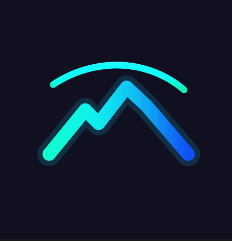 Stylized mountain range logo with an arch above, on a black background.