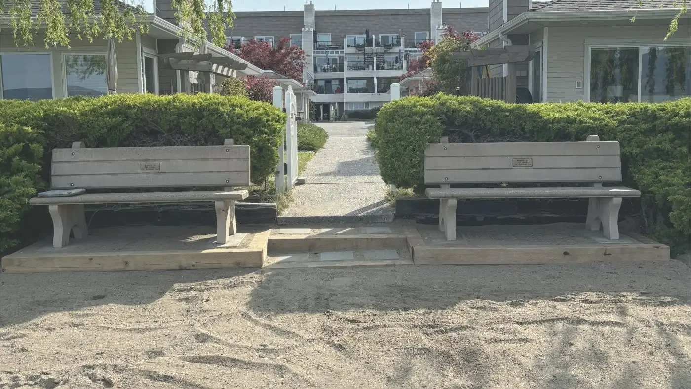 Park benches at a beach