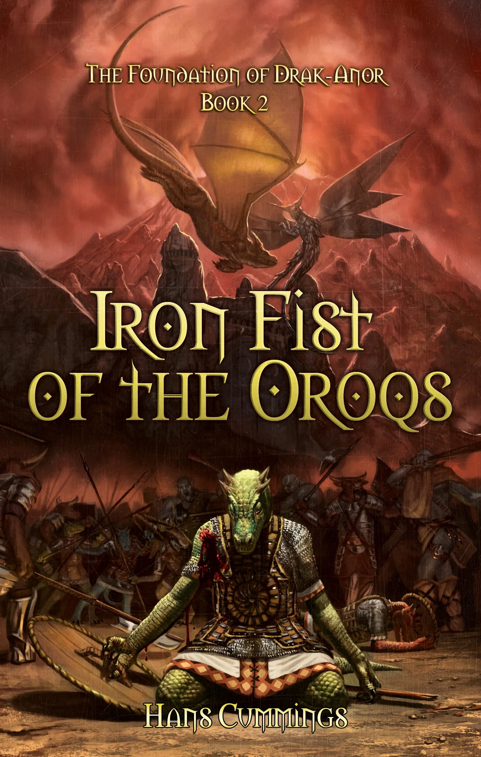 The cover of Iron Fist of the Oroqs, depicting a wounded drak, a diminutive lizard folk, kneeling in front of a mighty battle taking place on the slopes of a volcano while two dragons battle overhead.