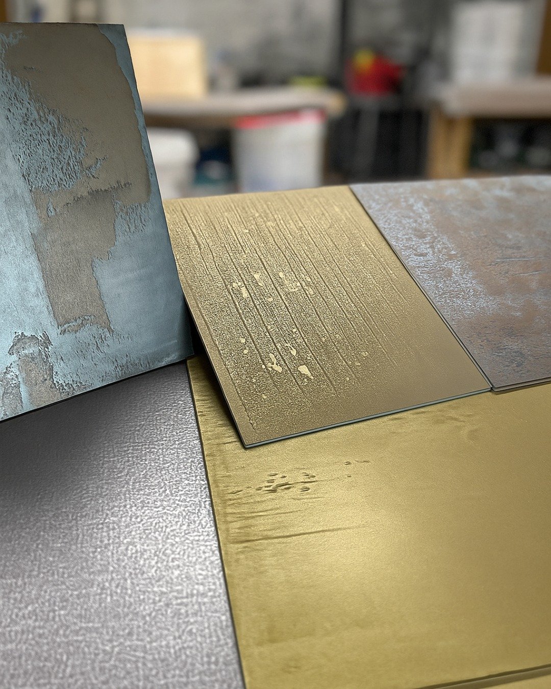 Sample boards are one of my favorite parts of this work. No deadline, no square footage to worry about, and you get to see what a material actually wants to do when you give it room.

The first image is from my own studio, and it shows Metallo Fuso t