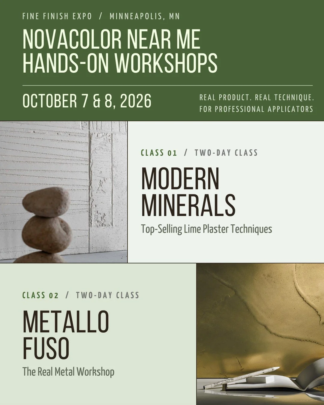 Two workshops, two days, one location, and you leave with real hands-on experience in some of the most in-demand finishes on the market right now.

Modern Minerals covers the top-selling lime plaster techniques, including Archi+ Tadelakt, VP Suede, M