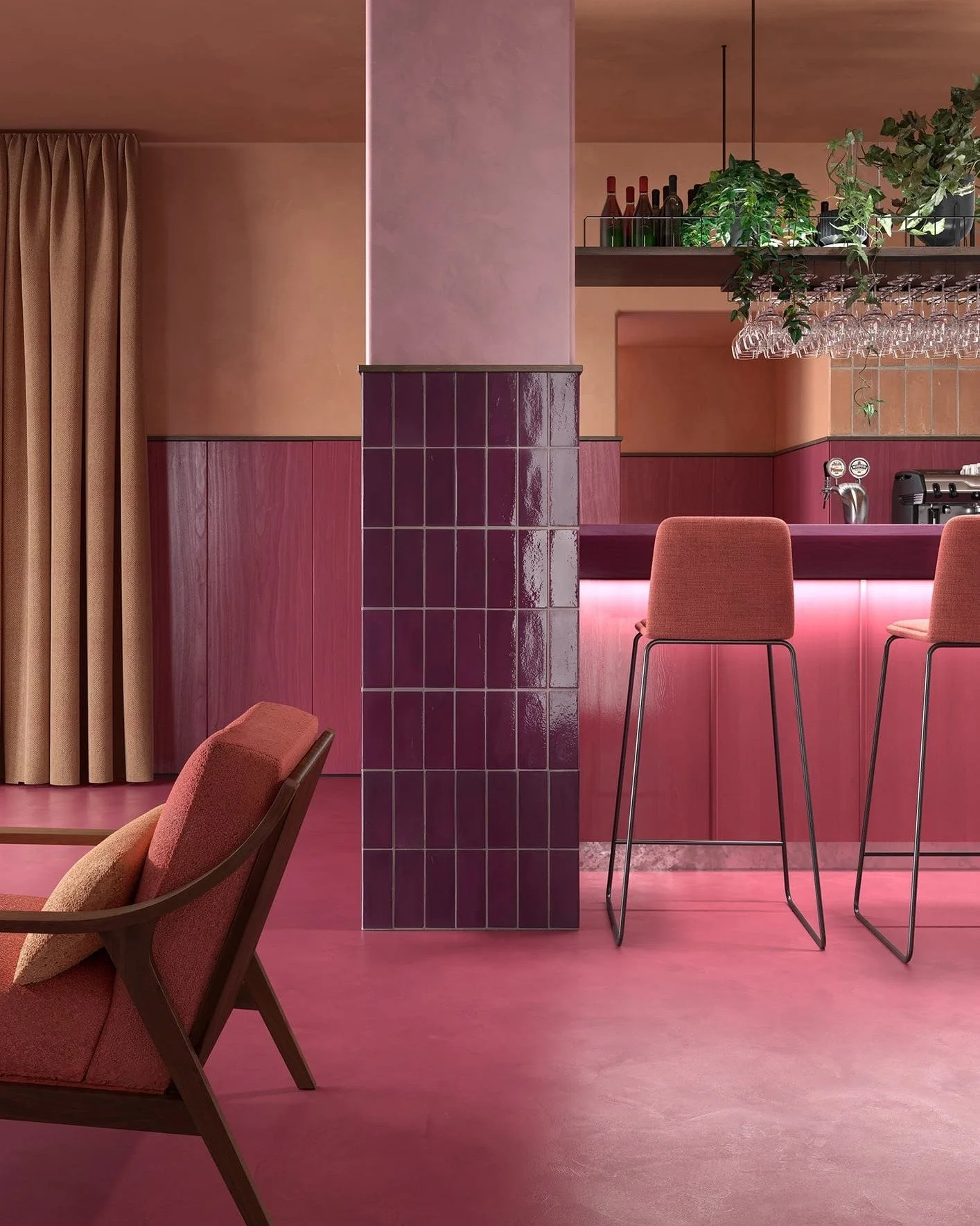 Three Novacolor finishes, one very confident color story.

The walls and ceiling are Marmorino KS in a warm earthy brown. The column is Marmorino KS again, this time in a deep rose. The floor is Wall2Floor in deep raspberry, sealed with a waterproof 