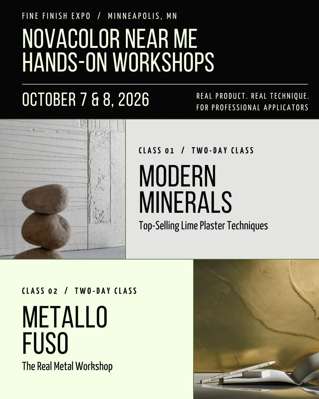 The more techniques you have, the more problems you can solve for a client. These two workshops are built around exactly that.

Two hands-on workshops, two days, one location. Modern Minerals covers the top-selling lime plaster techniques, including 