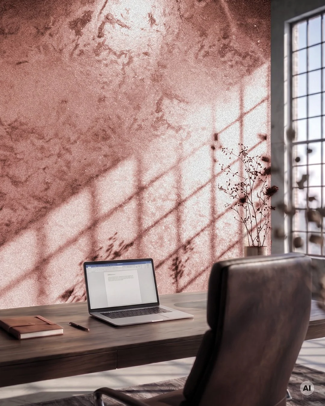 This wall is Africa, one of our metallic decorative coatings, and copper is one of the tones it wears well.

Africa goes on in two coats with a mohair roller or a stainless steel trowel, and the character comes from that second coat: while it's still