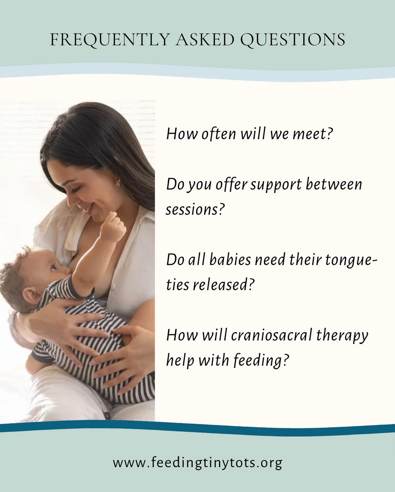 ❓HOW OFTEN WILL WE MEET:

💕We&rsquo;ll set a pace that fits your baby&rsquo;s needs and your family&rsquo;s schedule. 

Many families start weekly or every other week, then space out as progress builds.

❓DO YOU OFFER SUPPORT BETWEEN SESSIONS:

💕Ye