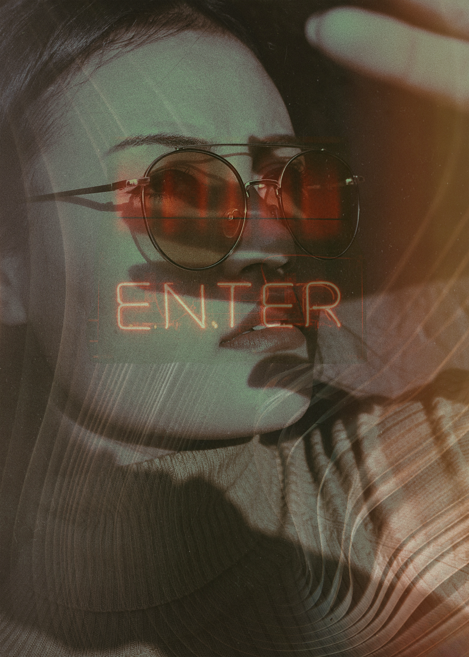 Layered image of 3 photos with the word "ENTER" as a neon sign on top of a femme persons face with wavy lines.