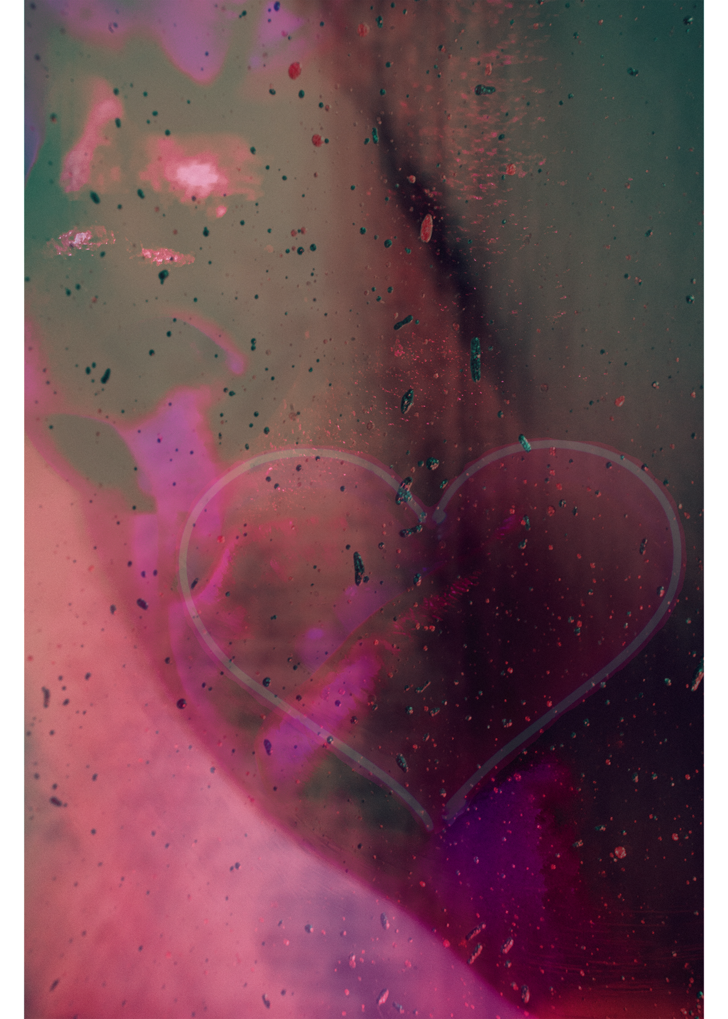 Layered image of 3 photos with neon pink as the overall color scheme. A heart is on top of a zoomed in face with texture.