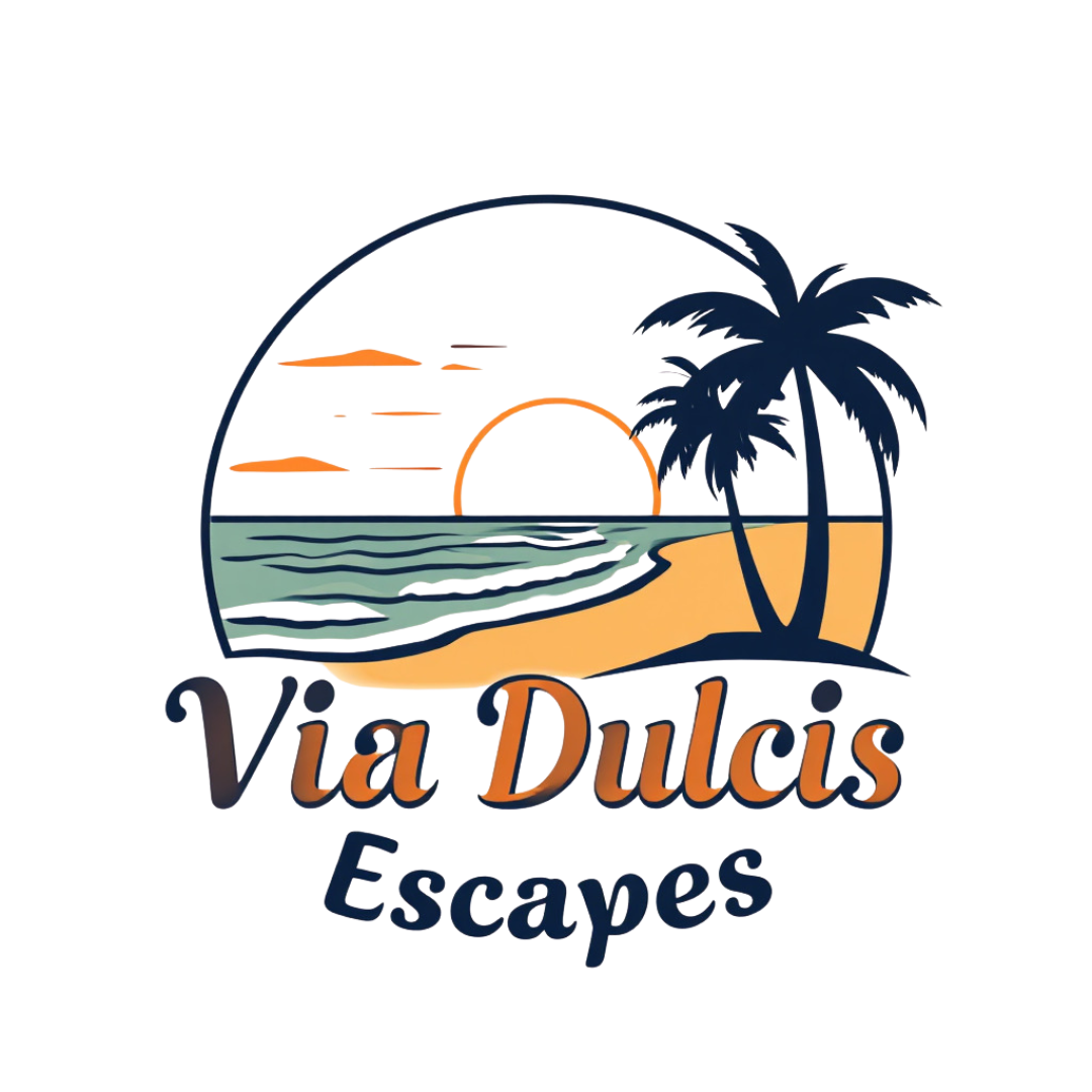 Logo for Via Dulis Escapes featuring a sunset over a beach with palm trees and ocean waves.