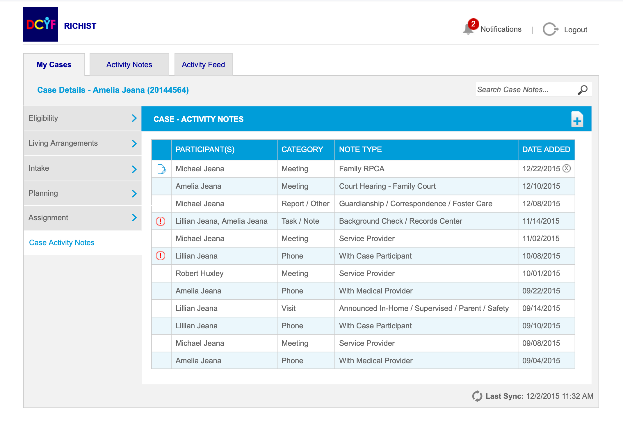 DCYF case activity notes list view