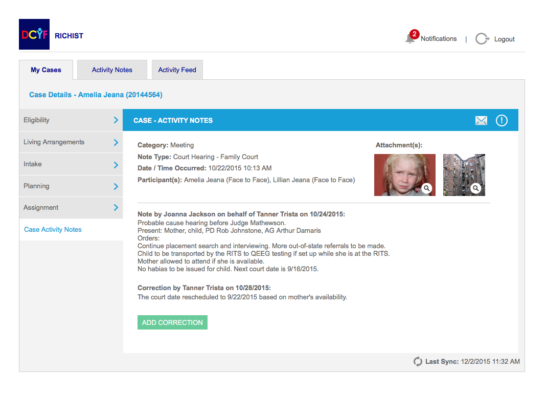 DCYF case activity note detail view