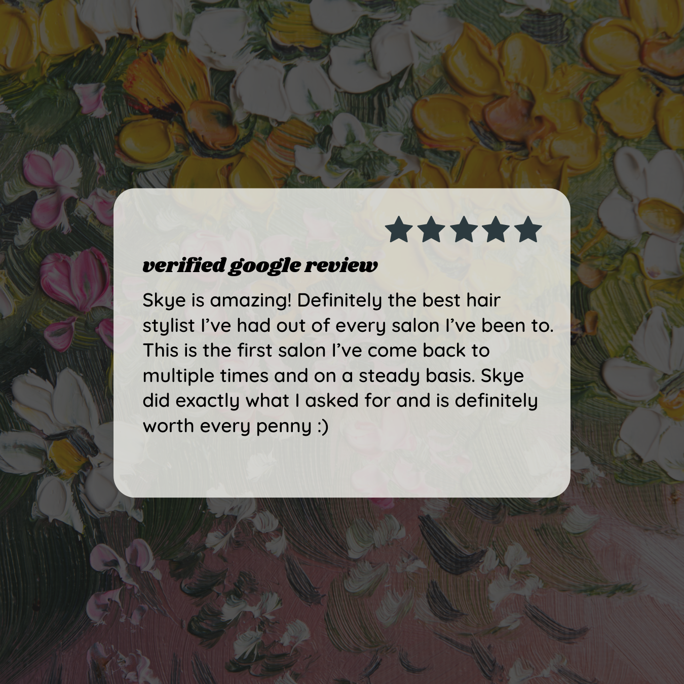 Verified Google review spotlighting stylist Skye at Davanti Salon. Guests describe her as the best hairstylist they’ve ever had, delivering exactly what was requested and making Davanti the salon they return to regularly in Denton.
