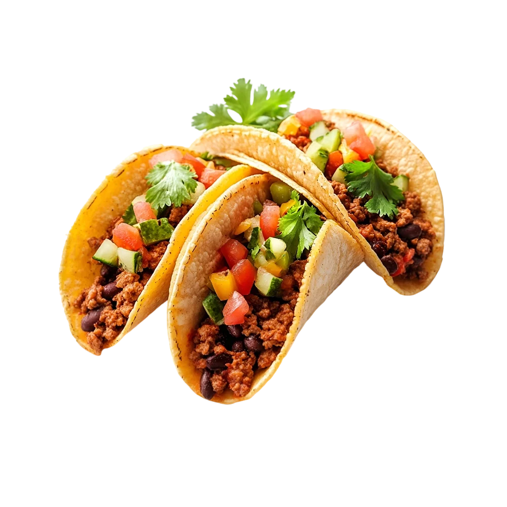 Three tacos filled with ground beef, black beans, diced tomatoes, chopped cucumbers, and fresh cilantro.