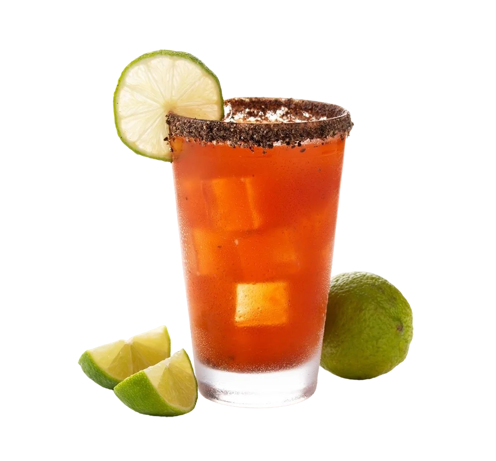 A glass of Bloody Mary cocktail garnished with a lime wedge, with lime slices and a whole lime around it.