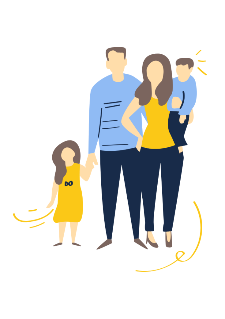 A family of four standing indoors, with a woman in a yellow top and dark pants, a man in a blue shirt and dark pants, a young girl in a yellow dress, and a young boy in a blue shirt and dark pants.