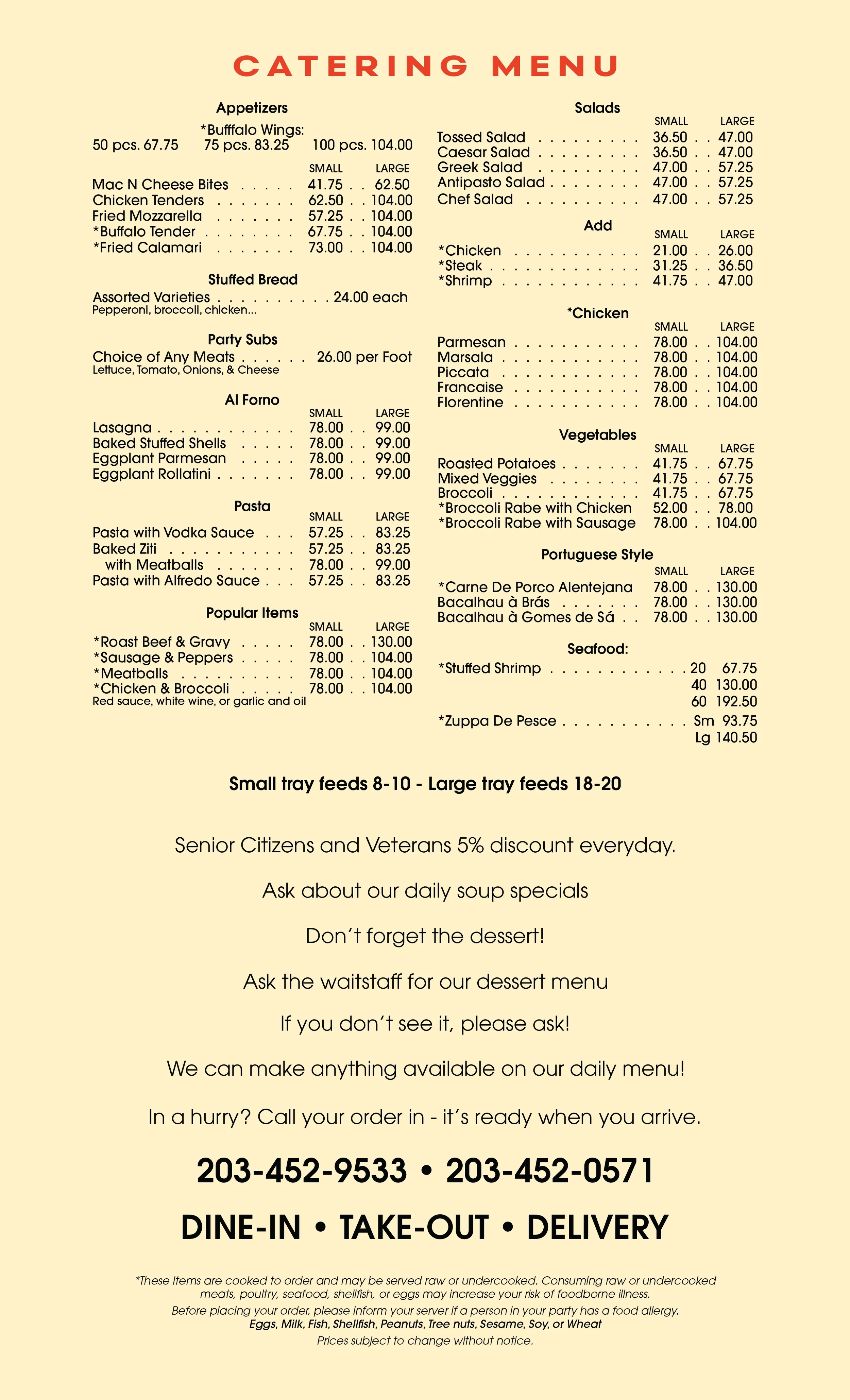 Catering menu with sections for appetizers, salads, add-ons, stuffed bread, party subs, Al Forno, pasta, popular items, salads, Portuguese style, seafood, and dessert options, with prices listed for small and large portions.