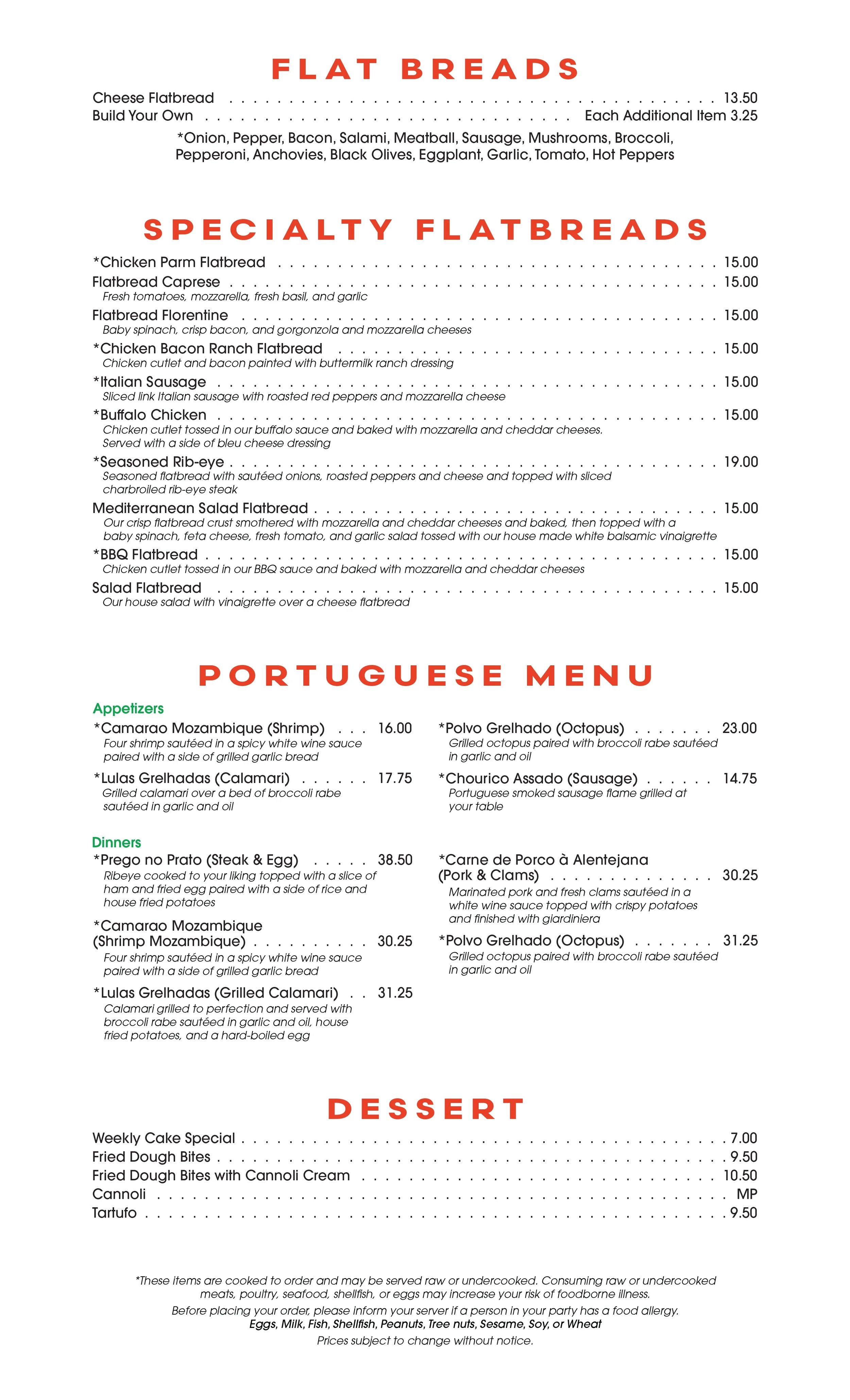 Menu listing flatbreads, specialty flatbreads, Portuguese dishes, and desserts with prices.