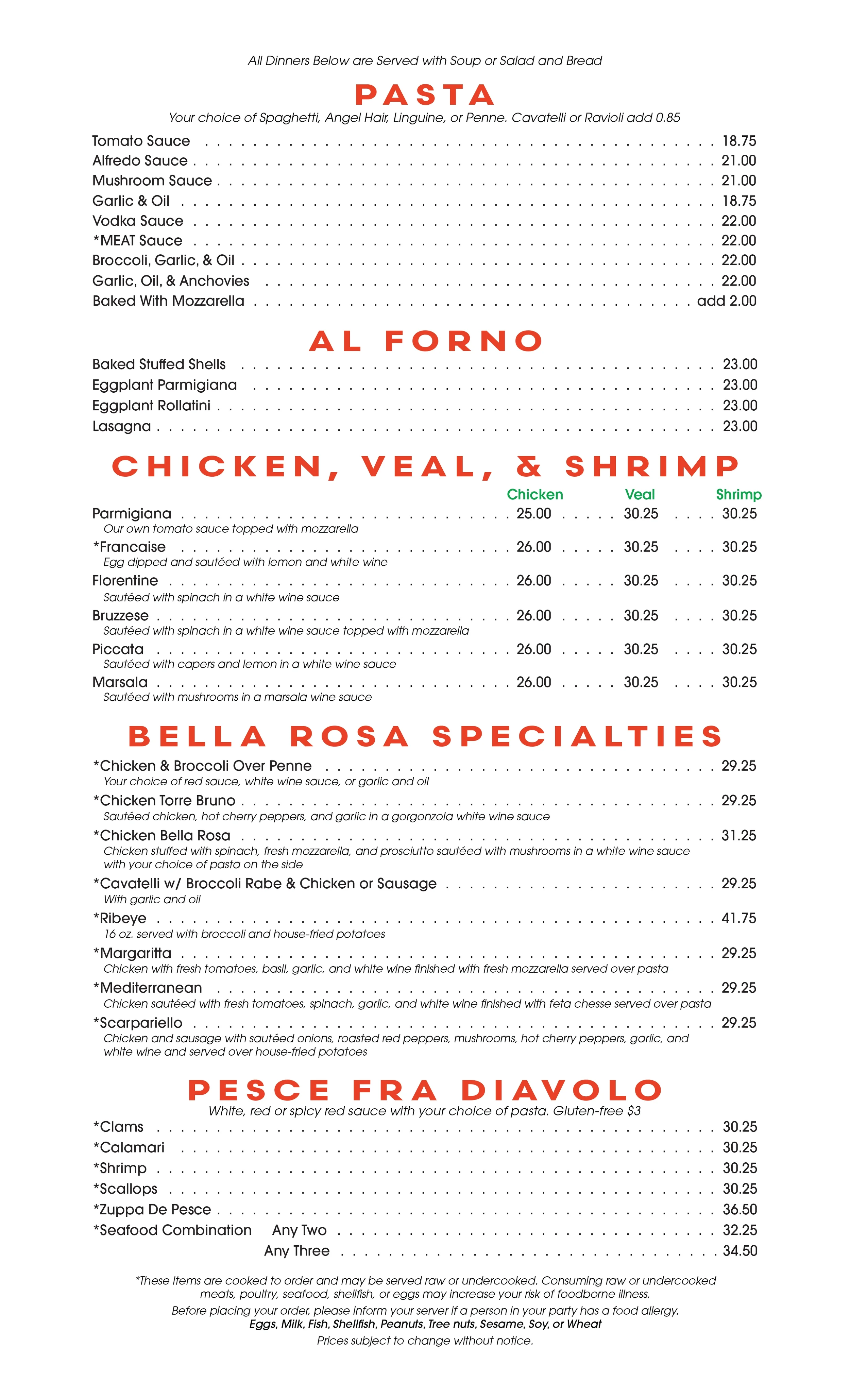 Restaurant menu offering pasta, chicken, veal, shrimp, and seafood dishes with prices listed for each item.