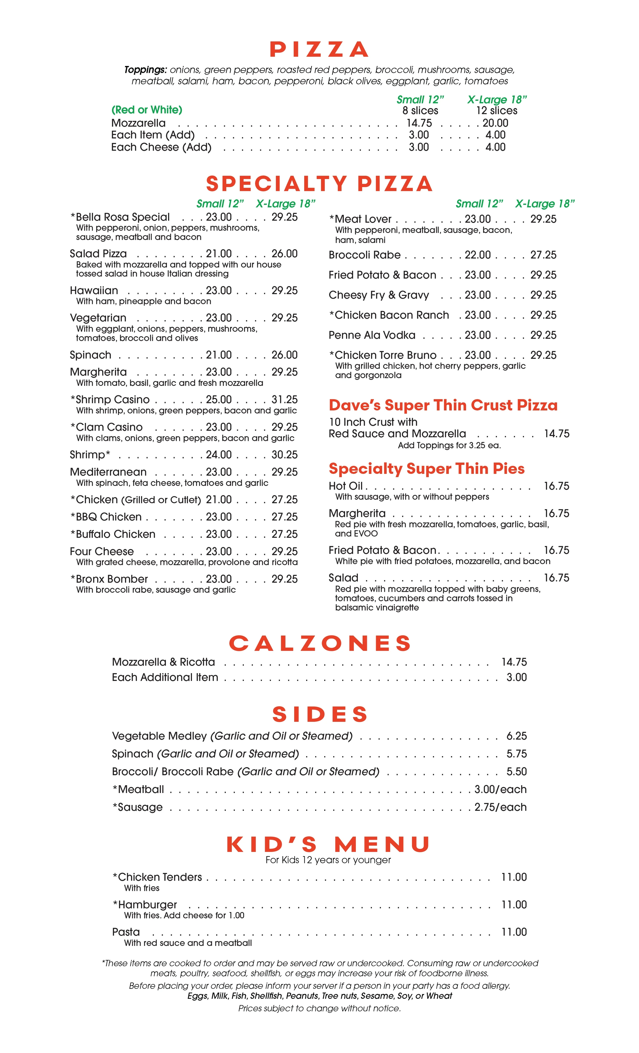 Menu offering various pizzas, specialty pies, calzones, sides, and kids' options with prices and toppings listed.