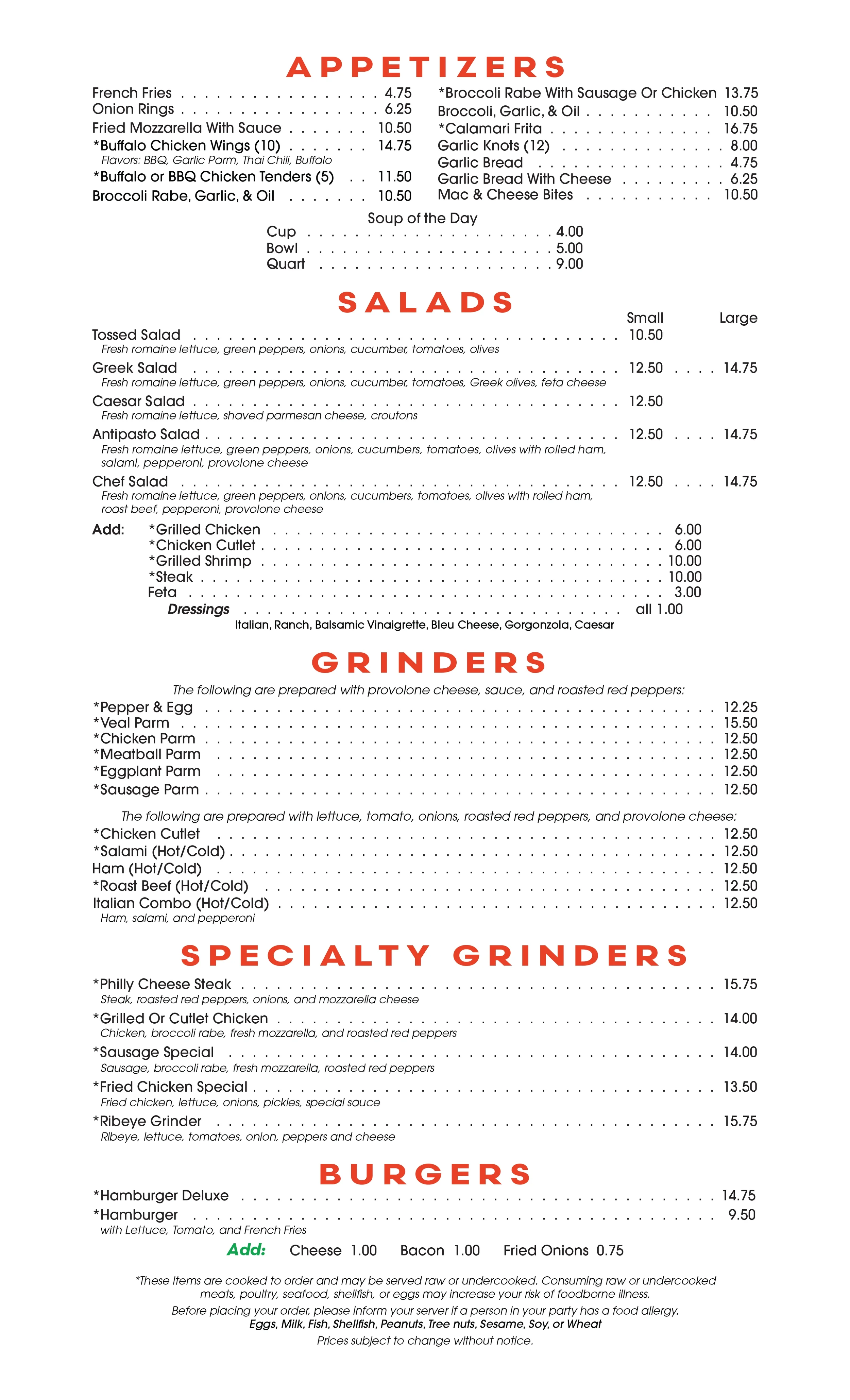 Menu featuring appetizers, salads, grinders, specialty grinders, and burgers with prices listed.