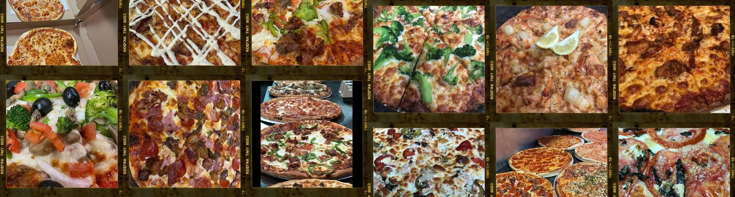 A collage of various pizzas, including pepperoni, veggie, meat lovers, and cheese, with some featuring lemon slices and other toppings.
