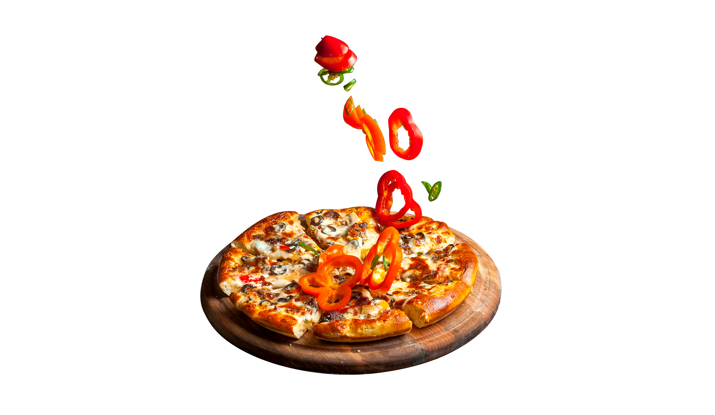 pizza with cheese, pepperoni, mushrooms, and sliced red and yellow bell peppers on a wooden pizza board, with red and yellow bell pepper slices being dropped onto it.