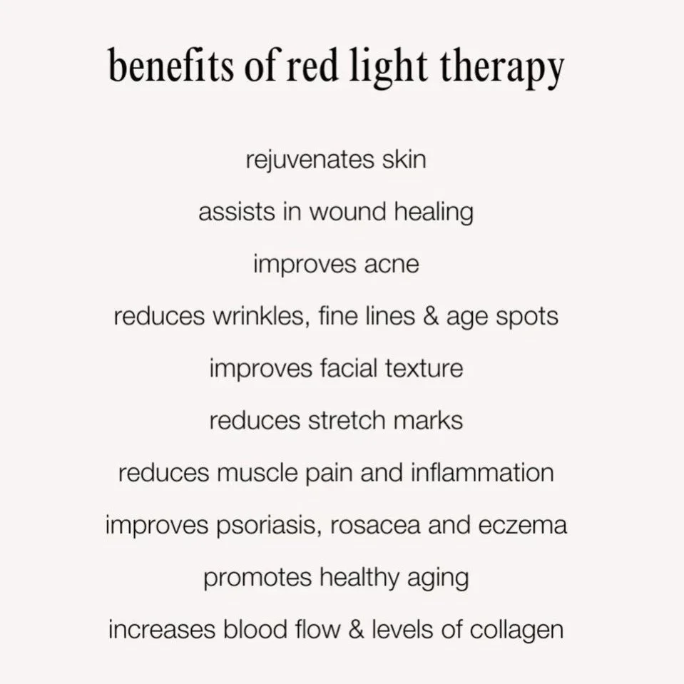 Red Light Therapy 🔴❤️

A gentle, non-invasive way to support your body&rsquo;s natural healing process.

Benefits may include:
&bull; Supporting skin health and glow
&bull; Helping reduce inflammation and soreness
&bull; Promoting muscle recovery
&b