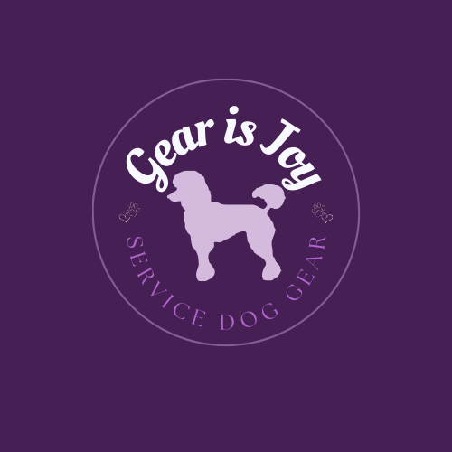 Logo for Gear is Joy, a service dog gear company, with a light purple service dog silhouette on a purple background, and text surrounding the image.