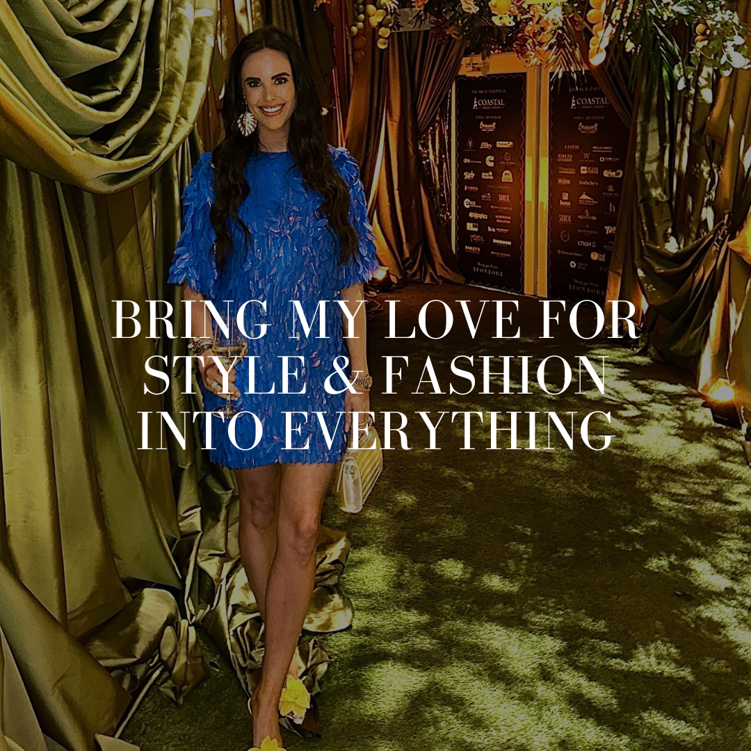 A woman in a bright blue dress standing in a decorated event space with gold drapes and flowers, with text overlay saying, 'Bring my love for style & fashion into everything.'