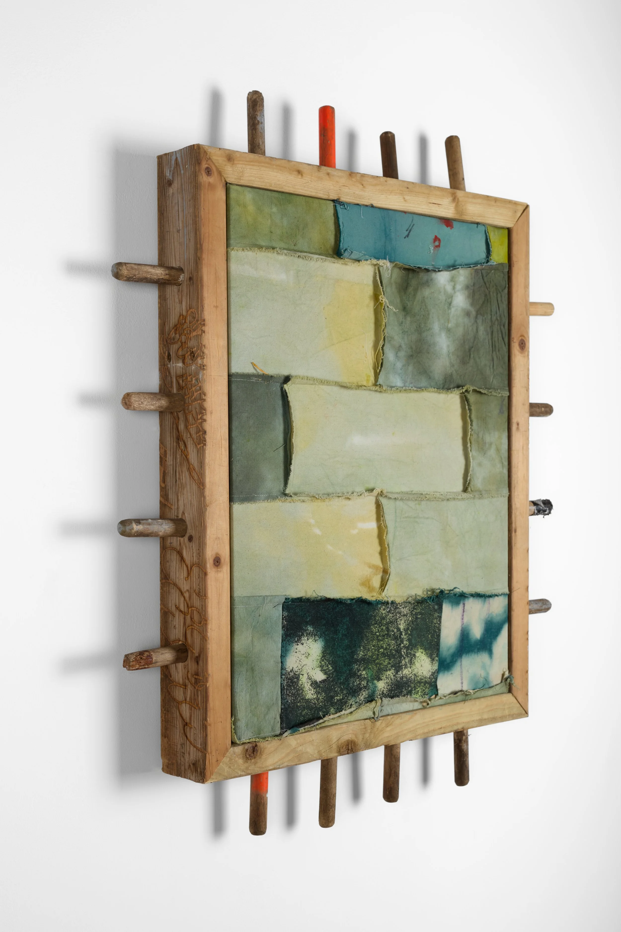 Dwayne Coleman
Fruits of Labour, 2024-25
Spray paint, bleach, pigment, and dye on stitched linen and canvas in wood frame
86 × 101 × 10 cm