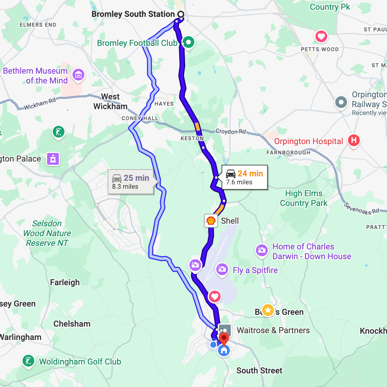 Map showing two routes from South Street in Bromley to Bromley South Station, with one route taking 24 minutes and another 25 minutes, passing by Shell gas station and other landmarks.