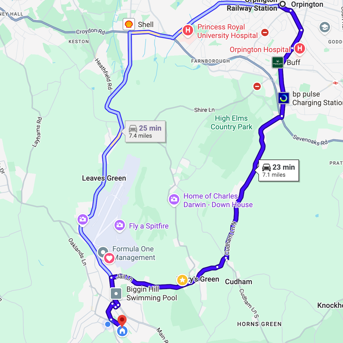 Map showing a route from Orpington to Leaves Green, passing through High Elms Country Park, with markers for Biggin Hill Swimming Pool, Fly a Spitfire attraction, and Charles Darwin's Down House.