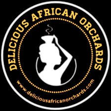 Logo of Delicious African Orchards featuring a silhouette of a woman with a large hat, surrounded by the company name and website