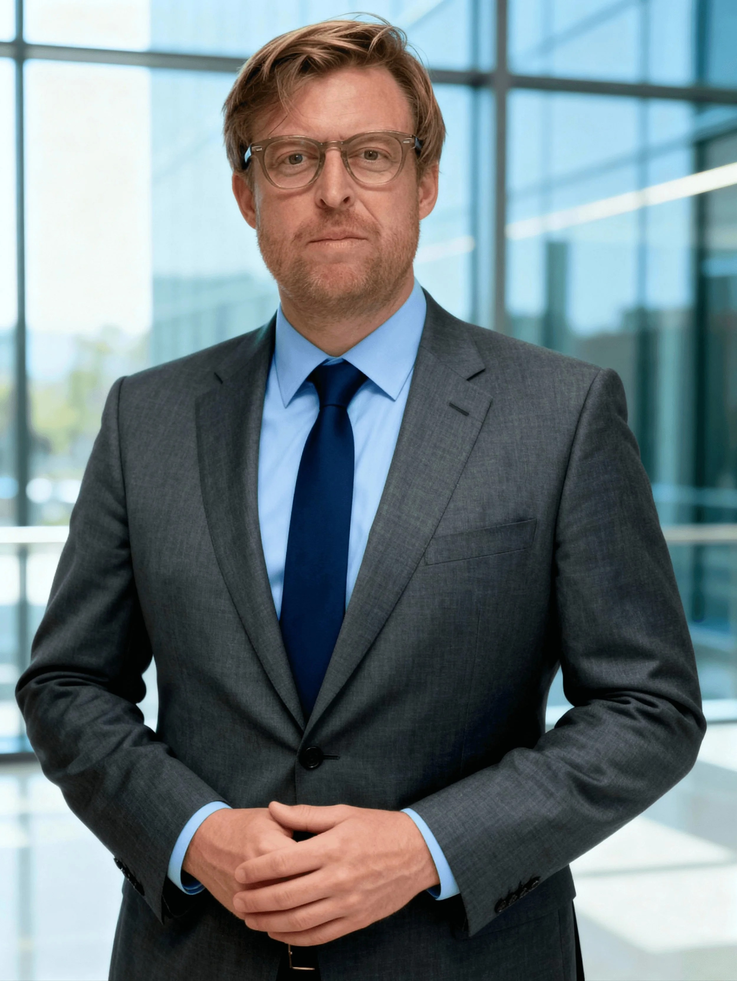 A man in a gray suit with a blue shirt and a blue tie standing indoors with large glass windows in the background.