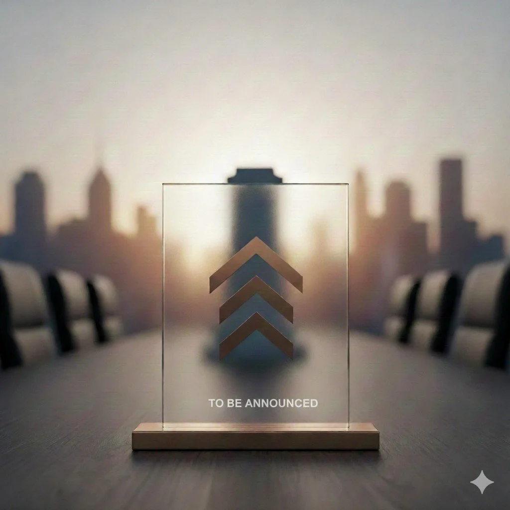 A glass award with three upward arrows, placed on a table in front of a blurred city skyline at sunset, with the words 'To Be Announced' written on it.