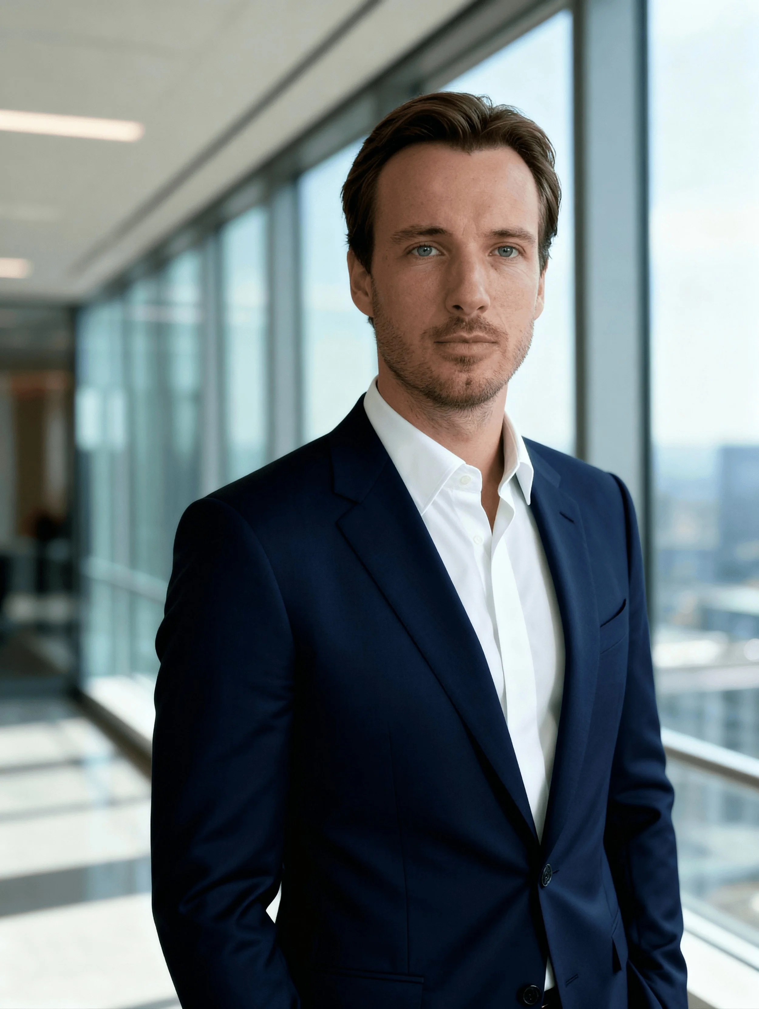 A man with light skin, brown hair, and blue eyes wearing a navy suit and white shirt standing in a modern office with large windows.