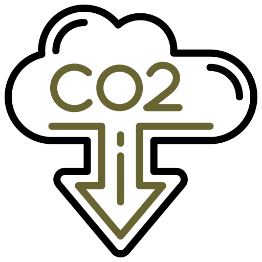 Graphic showing CO2 emissions reduction with an arrow pointing downward.