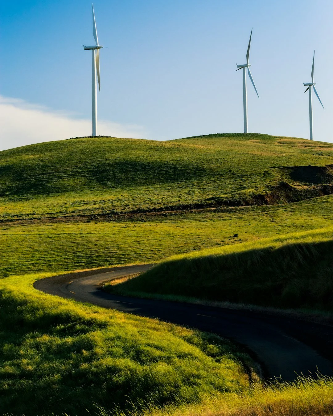 A scenic landscape featuring rolling green hills with a winding dark asphalt road, and three large white wind turbines against a blue sky.