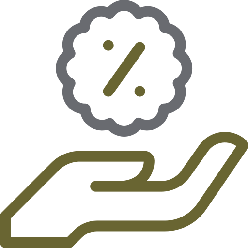 Outline of a hand holding a coin with a percentage (%) symbol above it.