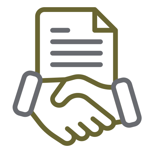 Icon of two hands shaking with a document behind them, representing agreement or partnership.