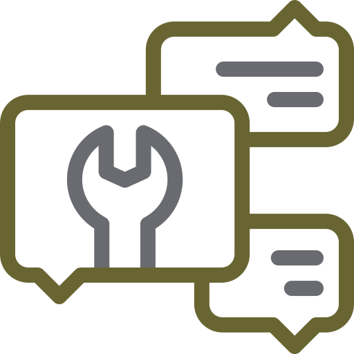 Icon of a speech bubble with a wrench inside, indicating technical support or troubleshooting.