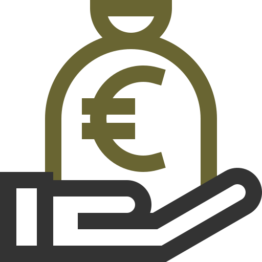 Icon of a hand holding a money bag with a euro symbol, representing finance or currency.