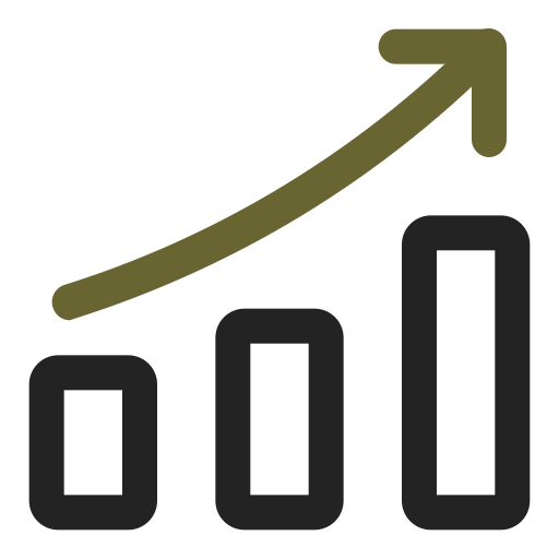 Bar chart with three vertical bars increasing in height from left to right, and an upward trending arrow above them.