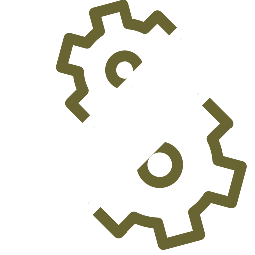 A white pencil icon overlapping a pair of olive green gears.